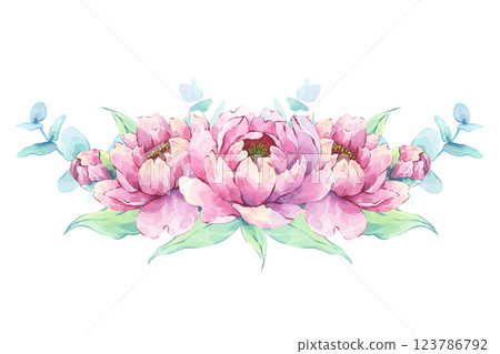 Pink peonies and eucalyptus symmetrical watercolor composition 123786792