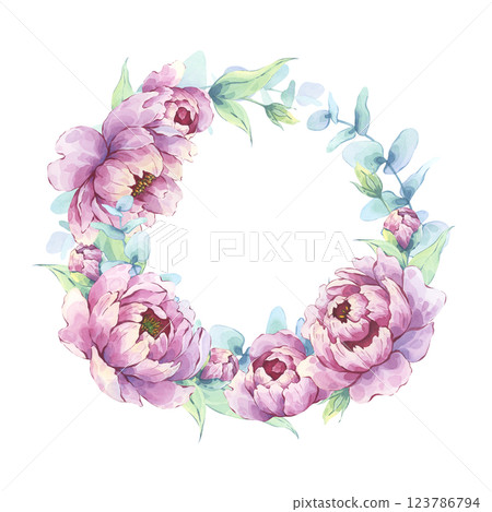 Wreath of pink peonies, buds, green leaves, and eucalyptus. Watercolor stylized illustration Wreath of pink peonies, buds, green leaves, and eucalyptus. Watercolor stylized illustration 123786794