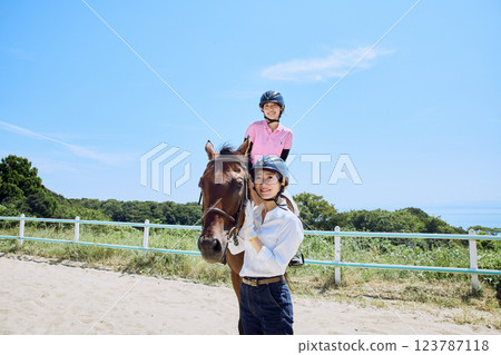 A woman practicing horse riding 123787118