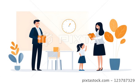 Papercut vector illustration of parents and teachers sharing joyful smiles during a parent-teacher meeting, classroom backdrop 123787329