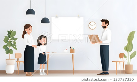 Papercut vector illustration of parents and teachers sharing joyful smiles during a parent-teacher meeting, classroom backdrop Papercut vector illustration of parents and teachers sharing joyful smiles during a parent-teacher meeting, classroom backdrop 123787330