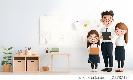Papercut vector illustration of parents and teachers sharing joyful smiles during a parent-teacher meeting, classroom backdrop 123787331