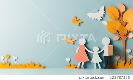 Joyful papercut art of parents and teachers shaking hands in a positive meeting environment 123787336