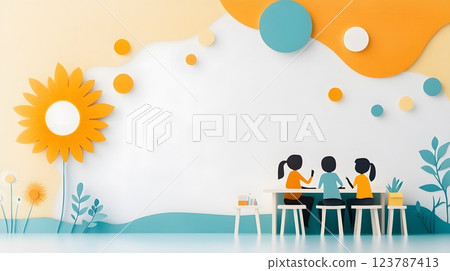 Papercut art featuring parents and teachers seated at a table in a lively discussion with classroom details Papercut art featuring parents and teachers seated at a table in a lively discussion with classroom details 123787413