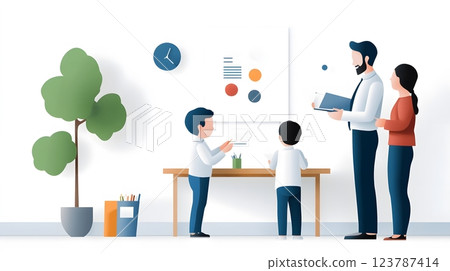 Vector papercut illustration of a teacher showing student artwork to excited parents in a classroom setting 123787414