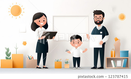 Vector papercut illustration of a teacher showing student artwork to excited parents in a classroom setting 123787415