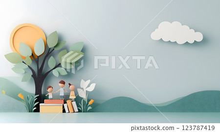 Joyful papercut scene of parents and teachers bonding over shared goals for students in a classroom 123787419