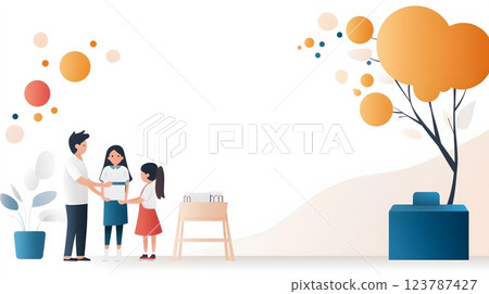 Papercut vector showing parents receiving a warm welcome from teachers in a decorated classroom 123787427