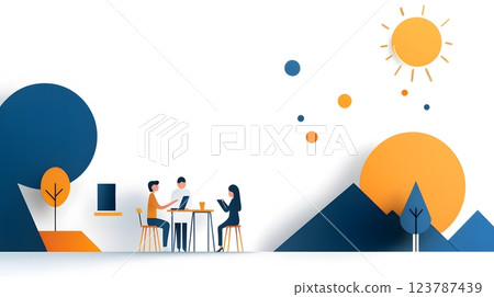 Vibrant papercut scene of parents and teachers enjoying productive conversation in a welcoming classroom 123787439