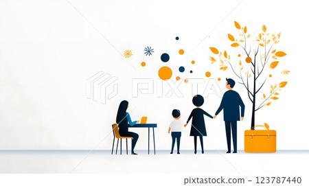 Papercut vector showing parents thanking teachers during a positive parent-teacher meeting, classroom setting 123787440