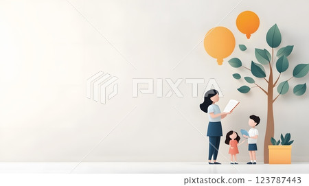 Joyful papercut style of a teacher sharing success stories of students with parents in a cozy classroom 123787443