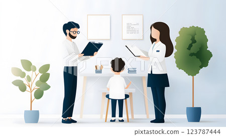 Joyful papercut style of a teacher sharing success stories of students with parents in a cozy classroom Joyful papercut style of a teacher sharing success stories of students with parents in a cozy classroom 123787444