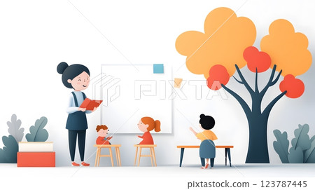 Joyful papercut style of a teacher sharing success stories of students with parents in a cozy classroom Joyful papercut style of a teacher sharing success stories of students with parents in a cozy classroom 123787445