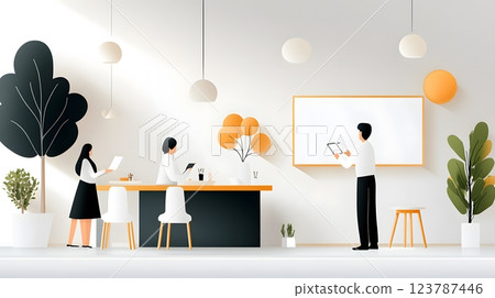 Joyful papercut style of a teacher sharing success stories of students with parents in a cozy classroom 123787446