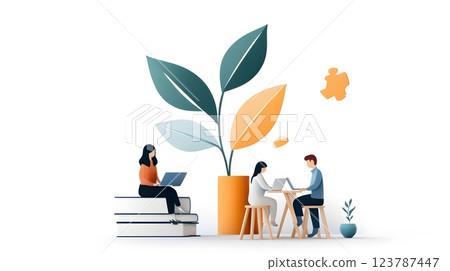 Papercut illustration of parents and teachers united in a conversation about student growth, surrounded by learning tools 123787447