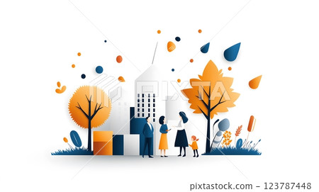 Papercut illustration of parents and teachers united in a conversation about student growth, surrounded by learning tools 123787448