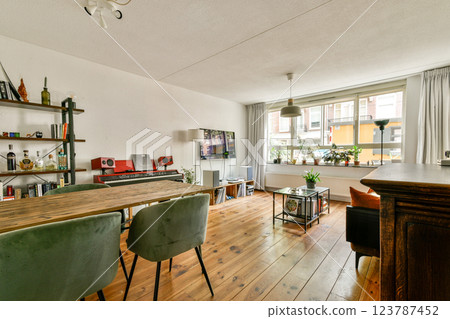 A stylish living room featuring wooden flooring, a modern dining area, and abundant natural light from large windows, creating a warm and inviting atmosphere. A stylish living room featuring wooden flooring, a modern dining area, and abundant natural light from large windows, creating a warm and inviting atmosphere. 123787452