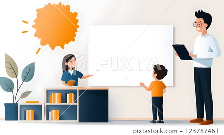 Papercut vector of a parent-teacher meeting with animated discussion and a bright classroom backdrop 123787461