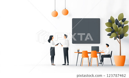 Papercut vector of a parent-teacher meeting with animated discussion and a bright classroom backdrop 123787462