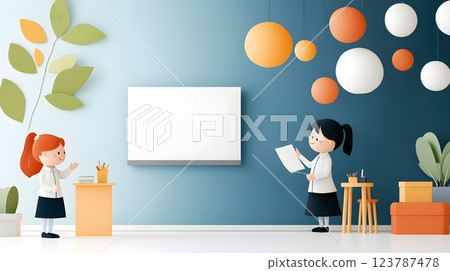 Creative papercut style of a teacher presenting ideas to parents in a vibrant, decorated classroom 123787478