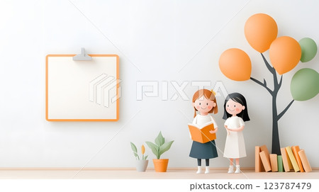 Creative papercut style of a teacher presenting ideas to parents in a vibrant, decorated classroom 123787479
