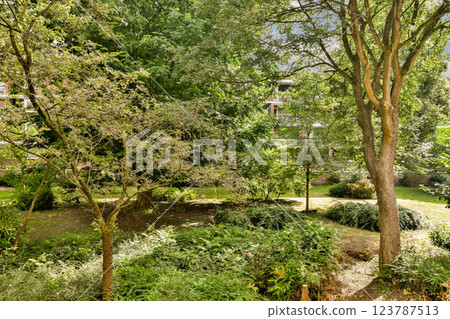 An expansive view of a vibrant garden filled with various trees and bushes, showcasing the beauty of nature in full bloom. 123787513