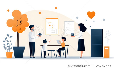 Colorful papercut vector of delighted parents and teachers exchanging ideas in a classroom filled with educational tools 123787563