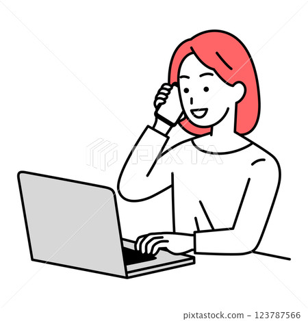 Casual woman making a phone call while using a laptop Casual woman making a phone call while using a laptop 123787566