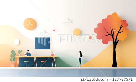 Vibrant papercut scene of parents and teachers smiling during a meeting in a cheerful classroom environment 123787571