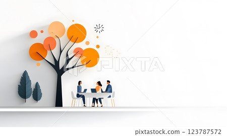 Vibrant papercut scene of parents and teachers smiling during a meeting in a cheerful classroom environment 123787572