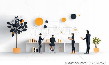 Dynamic papercut illustration of parents and teachers brainstorming in a classroom with bookshelves and posters 123787573