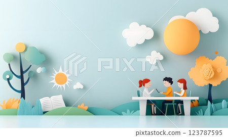 Vibrant papercut scene of parents and teachers laughing and exchanging ideas in a bright classroom setting Vibrant papercut scene of parents and teachers laughing and exchanging ideas in a bright classroom setting 123787595