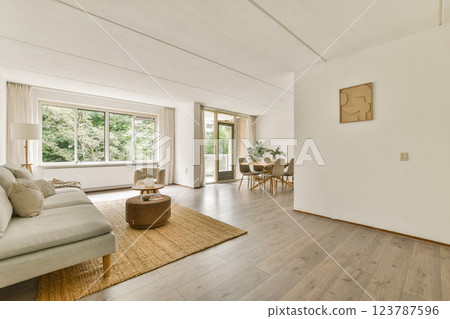 A bright and stylish modern living room featuring a comfortable sofa, natural light, and minimalist decor that enhances the inviting atmosphere. 123787596