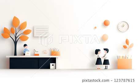 Engaging papercut vector of parents and teachers interacting in a classroom full of vibrant learning materials 123787615
