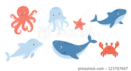 Cute sea animals set, cartoon ocean character isolated illustration, hand drawn vector clipart for kids 123787687