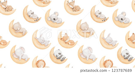 Seamless pattern with cute baby bear, fox and panda sleeping on moon, watercolor illustrations isolated on white. Repeating design for nursery 123787689