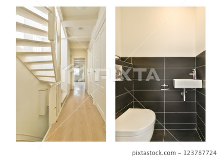 Stylishly designed interior featuring a spacious hallway and a contemporary bathroom. A seamless blend of minimalism and functionality marks the space. 123787724