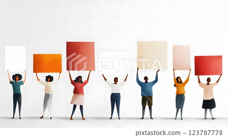 Watercolor painting of a freedom march with diverse individuals holding signs and celebrating progress 123787778