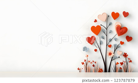 Delicate papercut design of heart-shaped flowers growing from the ground, symbolizing blooming love Delicate papercut design of heart-shaped flowers growing from the ground, symbolizing blooming love 123787879