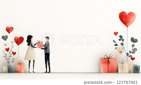 Watercolor painting of a couple exchanging gifts with hearts and floral accents in the background 123787881