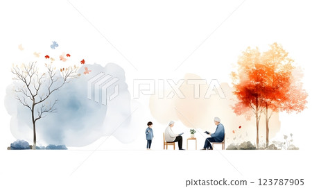 Watercolor illustration of elders sharing stories of resilience and heritage with a younger generation 123787905
