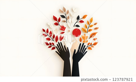 Papercut design featuring hands holding cultural symbols in a circle of unity and celebration Papercut design featuring hands holding cultural symbols in a circle of unity and celebration 123787921
