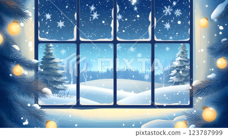 A wintery frosty window featuring a snowy landscape with twinkling holiday lights under a starry sky 123787999