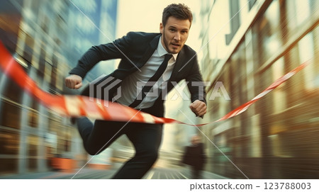 A confident businessman sprinting towards a finish line, breaking the tape with focus and energy 123788003