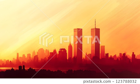 A remembrance-themed minimalist illustration showing the twin towers in the New York skyline with a warm gradient background 123788032