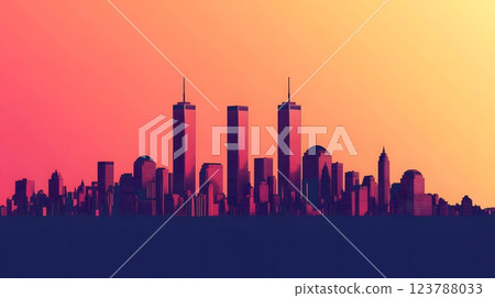 A remembrance-themed minimalist illustration showing the twin towers in the New York skyline with a warm gradient background 123788033