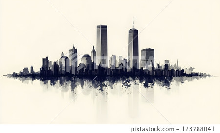 A clean white background featuring a minimalist depiction of the twin towers as part of the New York skyline 123788041