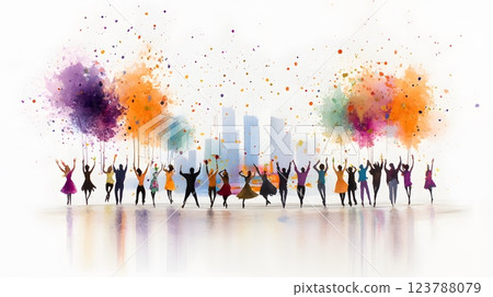 A joyful street parade with floats, confetti, and dancers in purple, green, and gold watercolor tones 123788079