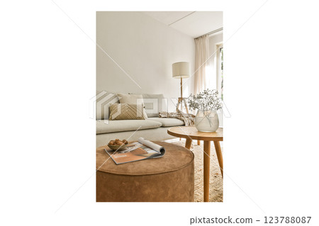A stylish and inviting modern living room featuring a cozy sofa, elegant decor, and warm lighting, creating a perfect relaxation space. A stylish and inviting modern living room featuring a cozy sofa, elegant decor, and warm lighting, creating a perfect relaxation space. 123788087