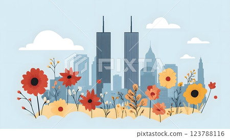 A remembrance-focused design with a clean layout showcasing the twin towers as part of the iconic New York skyline 123788116